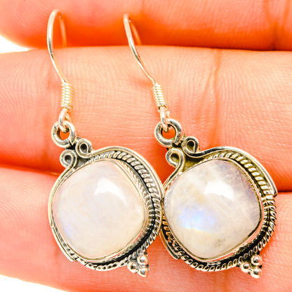 Oval moonstone drop earrings in 925 sterling silver, iridescent bezel setting, fishhooks