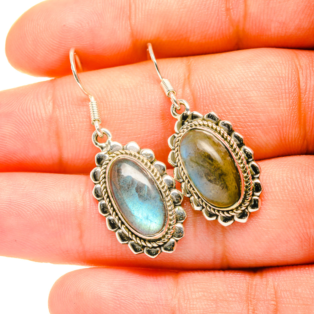 Oval labradorite drop earrings, 925 sterling silver with blue-gold iridescent stone