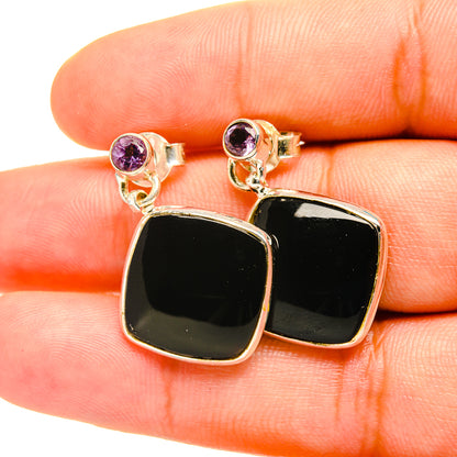 Amethyst and black onyx square drop earrings with round amethyst studs, silver-tone setting