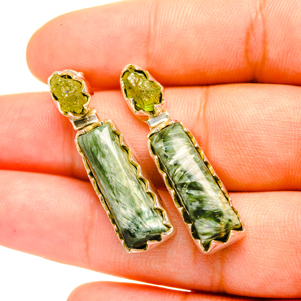 Seraphinite and peridot drop earrings, green stone rectangles with gold-tone settings
