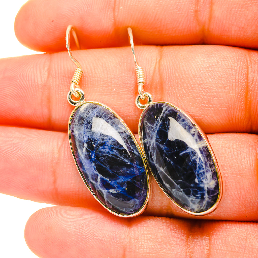 Sodalite oval drop earrings, detailed stone pattern with sterling silver hooks