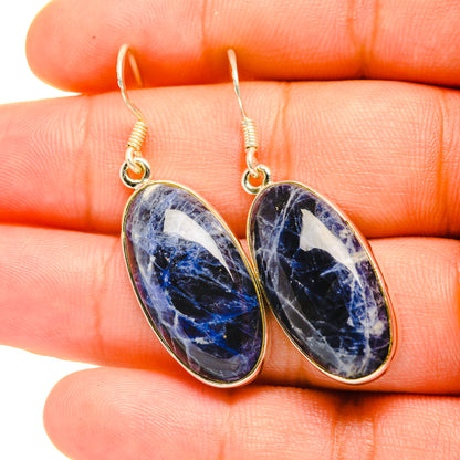 Sodalite oval drop earrings, detailed stone pattern with sterling silver hooks