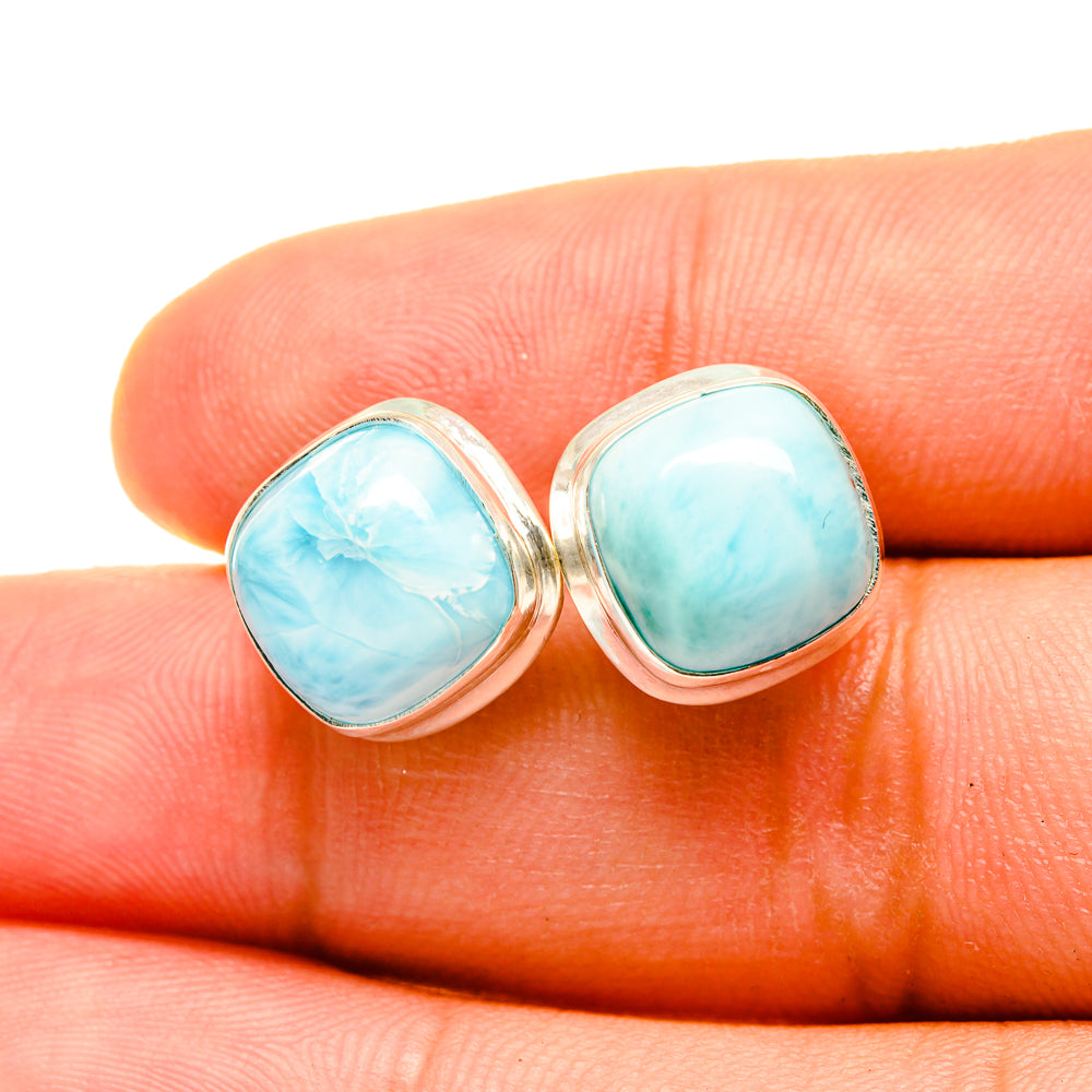 Larimar stud earrings in 925 sterling silver, round blue stones, bezel setting