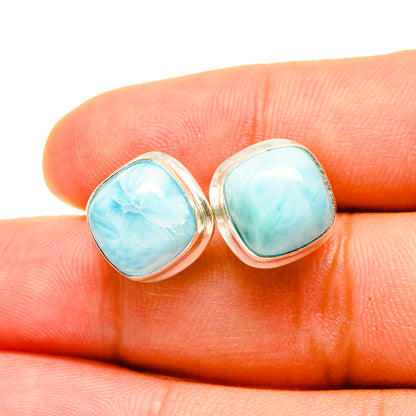 Larimar stud earrings in 925 sterling silver, round blue stones, bezel setting