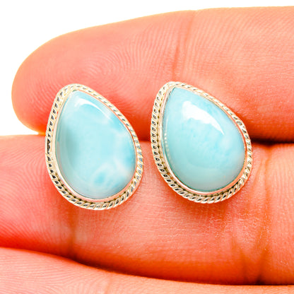 Larimar teardrop stud earrings in 925 sterling silver with blue gemstone cabochons
