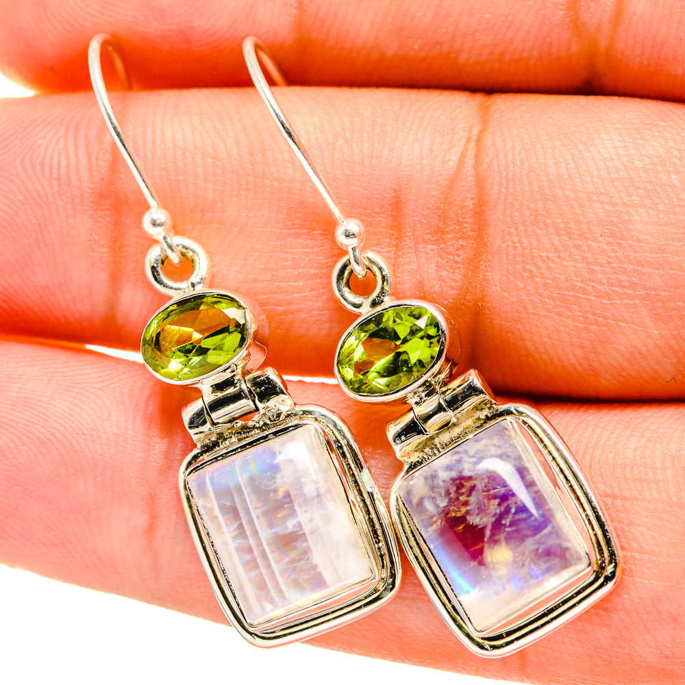 Sterling silver drop earrings with green gemstone tops and iridescent rectangular moonstone drops