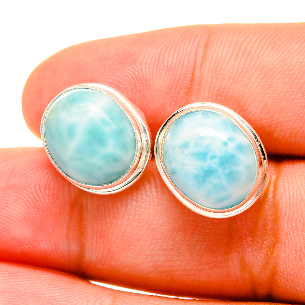 Larimar stud earrings, round blue larimar cabochons in sterling silver bezel