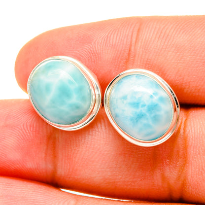 Larimar stud earrings, round blue larimar cabochons in sterling silver bezel