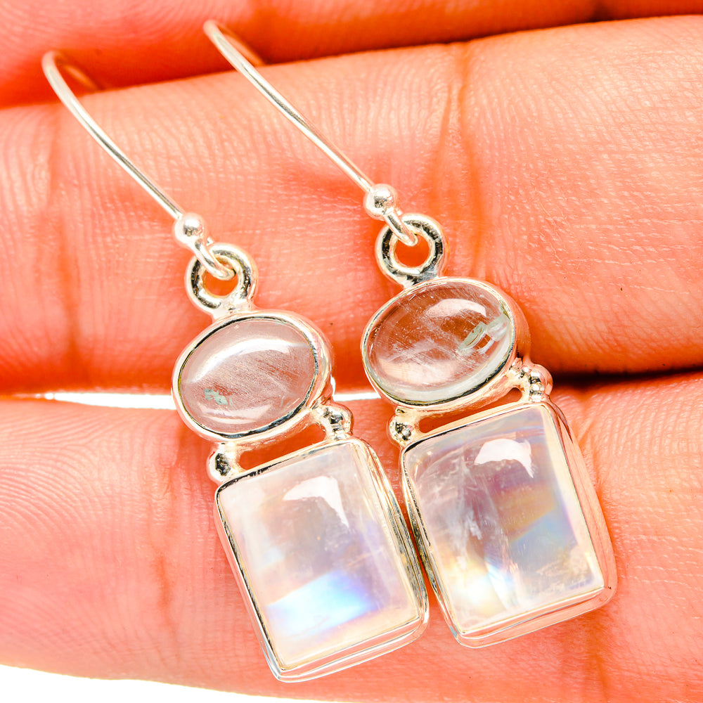 Rainbow moonstone drop earrings in 925 sterling silver with oval and square stones