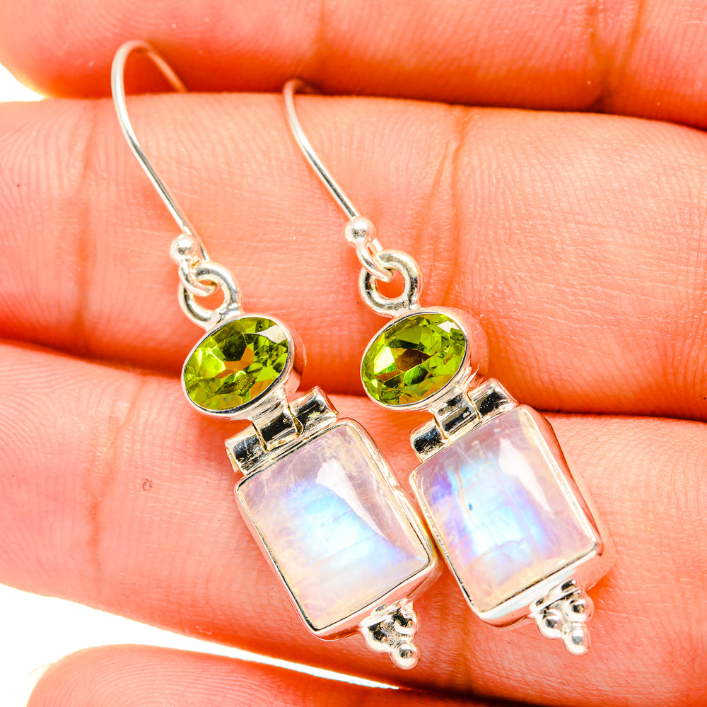 Sterling silver earrings, green peridot with square opalescent moonstone dangles