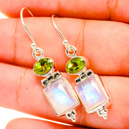 Sterling silver earrings, green peridot with square opalescent moonstone dangles