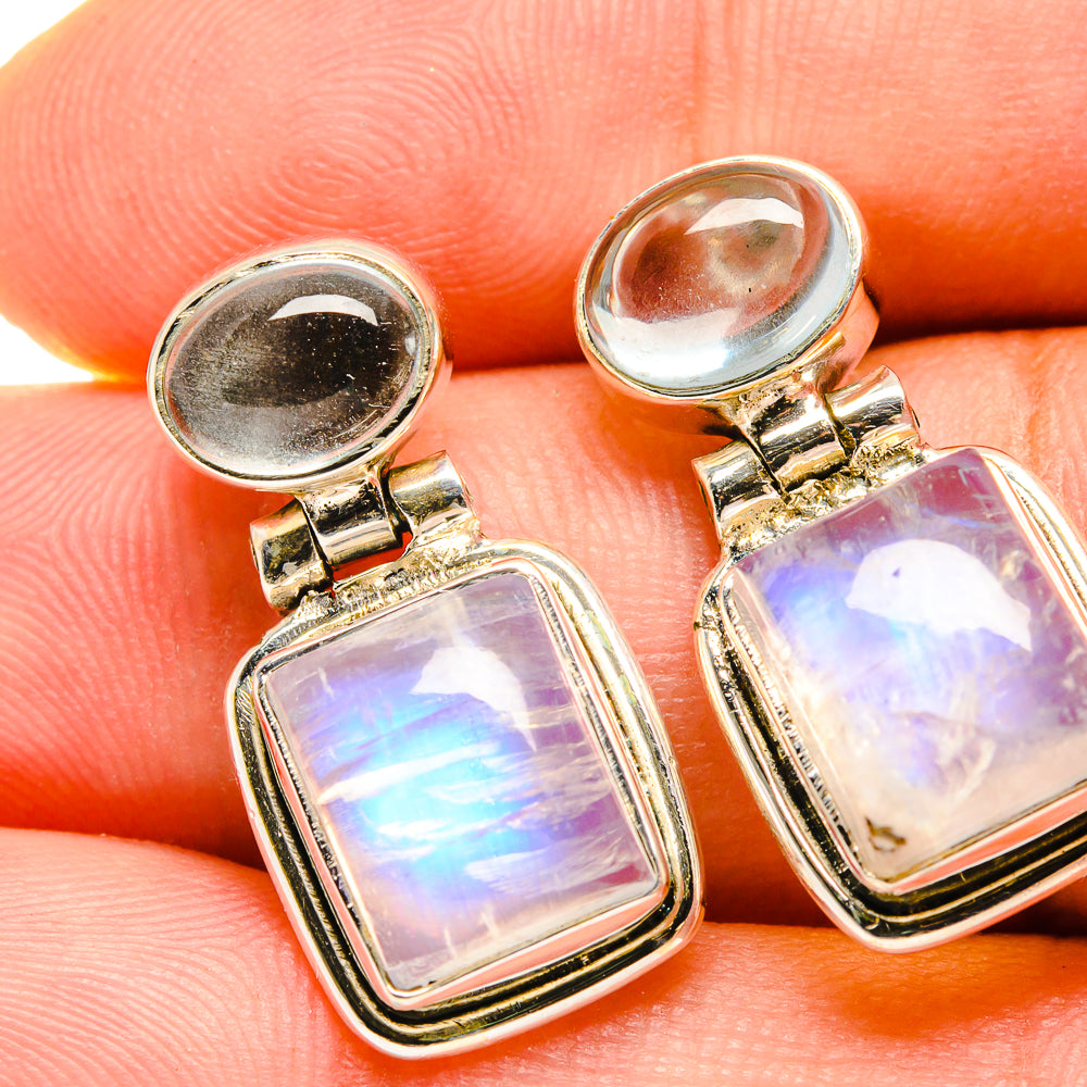Rainbow moonstone drop earrings in 925 sterling silver with oval tops and iridescent rectangular stones