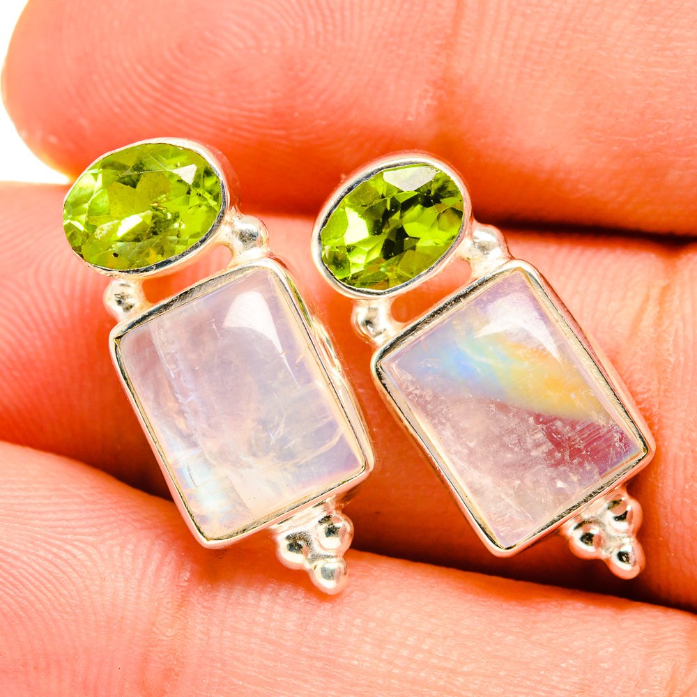 Sterling silver earrings with green peridot and iridescent opal square stones