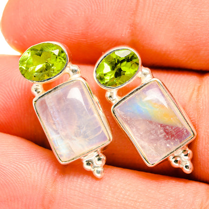 Sterling silver earrings with green peridot and iridescent opal square stones