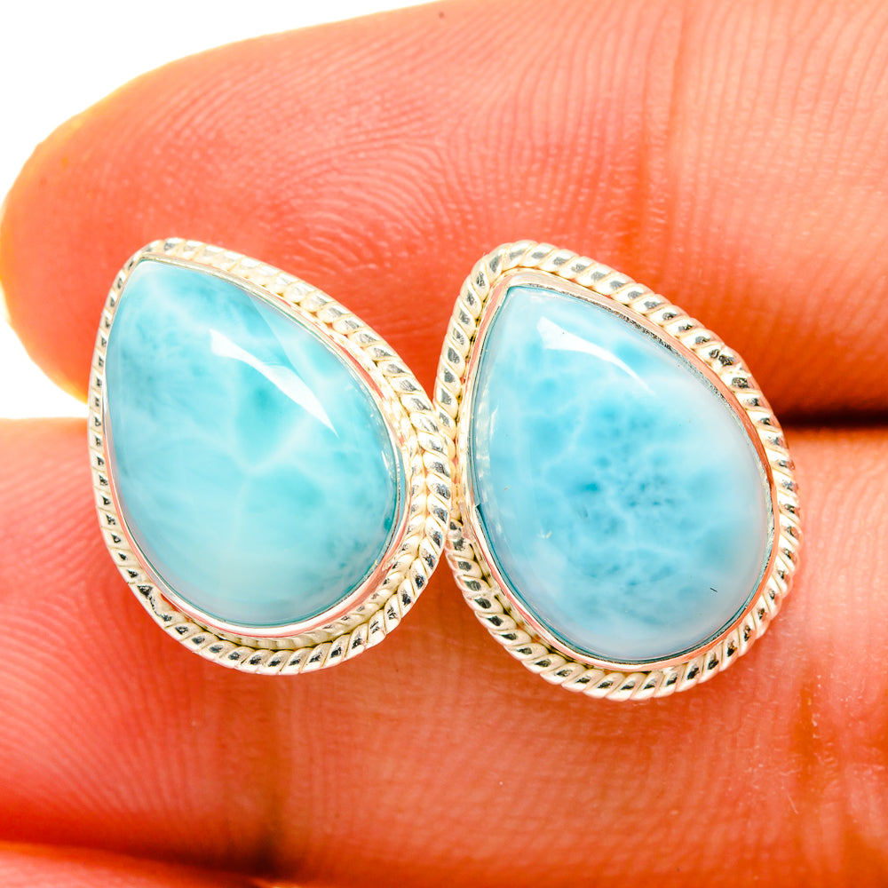 Larimar teardrop earrings, 925 sterling silver with oval blue stones and rope border