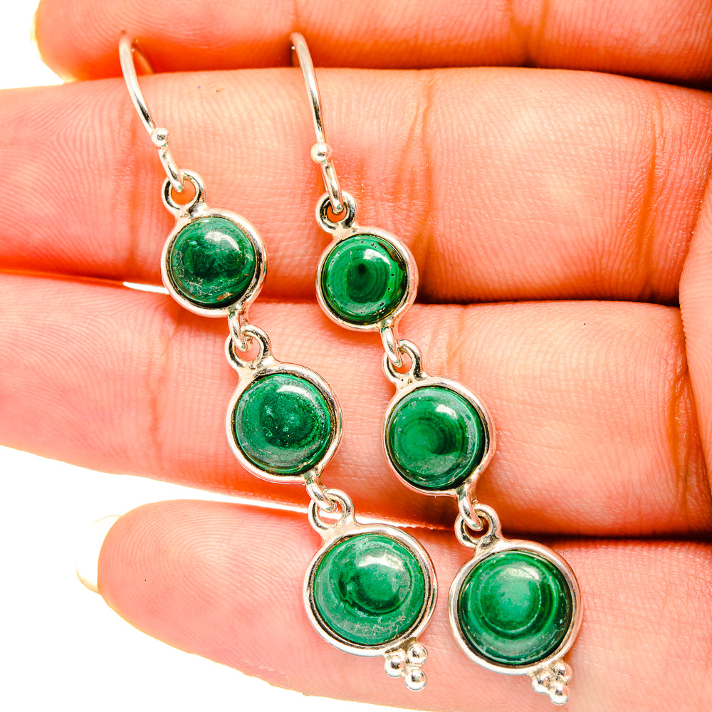 Round green malachite drop earrings with oval links and silver-tone hooks