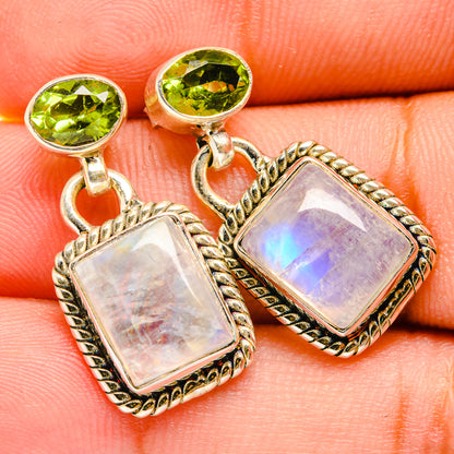 Green peridot and square iridescent mother-of-pearl dangle earrings, gold-tone setting