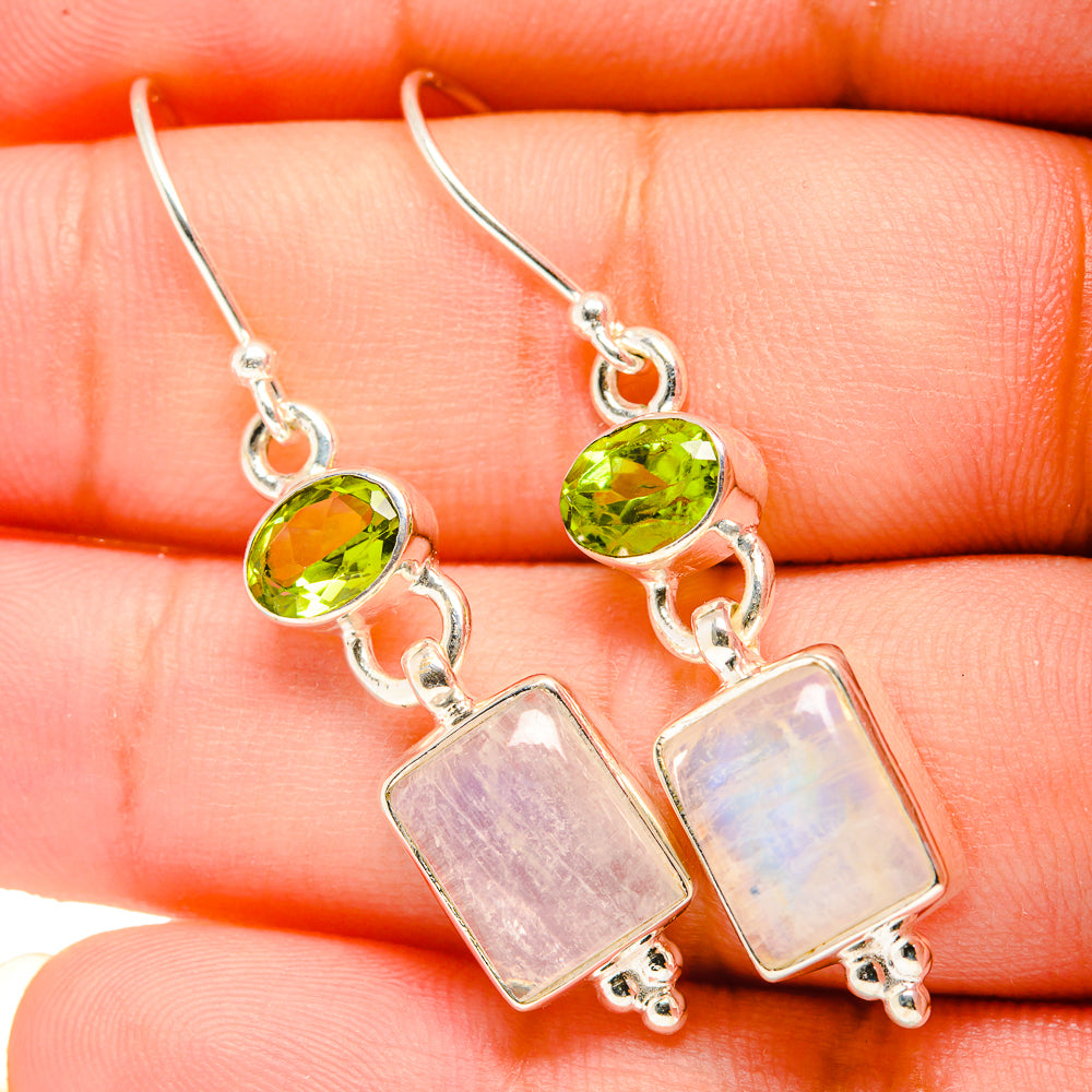 925 sterling silver peridot earrings with rectangular opalescent moonstone drops