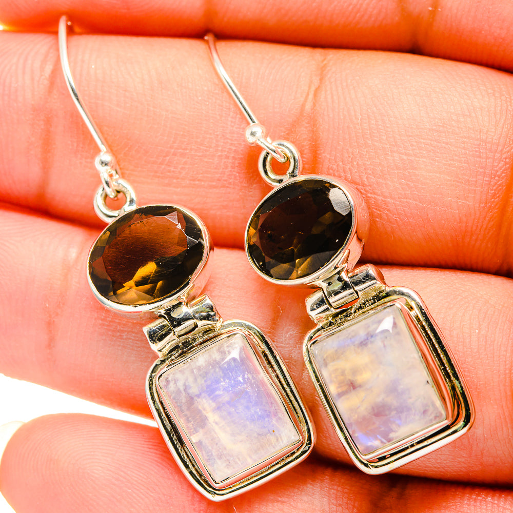 Smoky quartz and moonstone drop earrings, silver-tone hooks with round and rectangular stones
