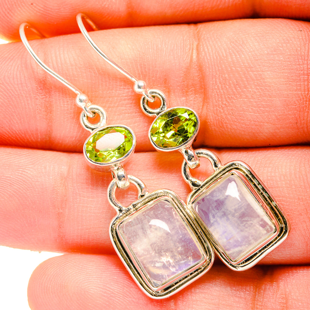 925 sterling silver earrings with oval green peridot and purple iridescent moonstone drops