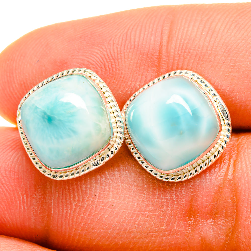Larimar earrings in 925 sterling silver, oval cabochons with rope-like border