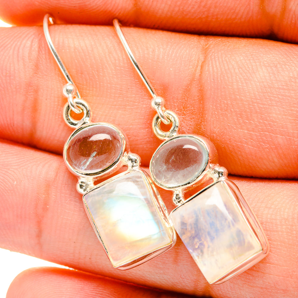 925 sterling silver earrings with round iridescent stones and rectangular chalcedony drops