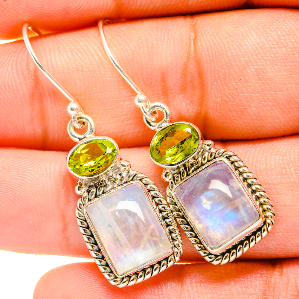 Sterling silver drop earrings with green peridot and iridescent moonstone square stones