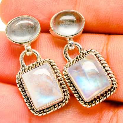 Iridescent moonstone and aquamarine tone drop earrings in 925 sterling silver
