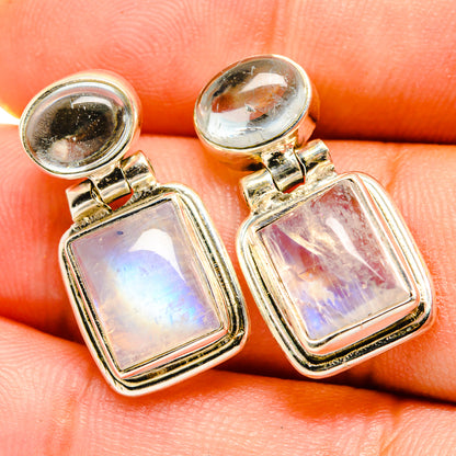 Square gemstone drop earrings in silver tone with iridescent rainbow stones and round top studs