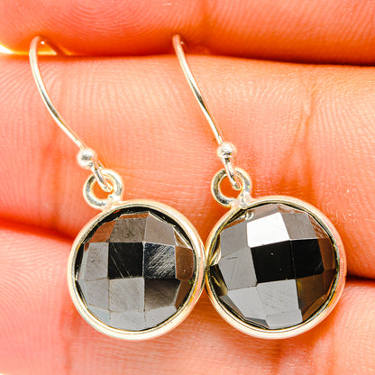 Hematite round faceted drop earrings in silver-tone with fishhook backs