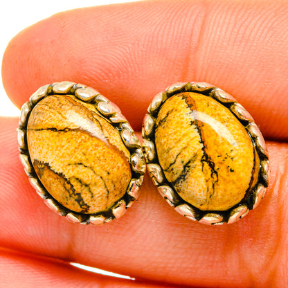 Close-up oval picture jasper earrings, yellow-brown banded stones in silver bezel