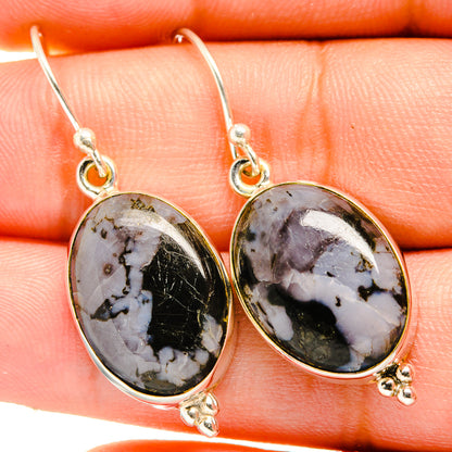 Gabbro stone drop earrings in oval 925 sterling silver with dark gray and white marbling