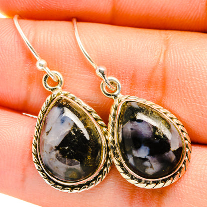 Gabbro teardrop drop earrings in 925 sterling silver, dark stone with blue highlights