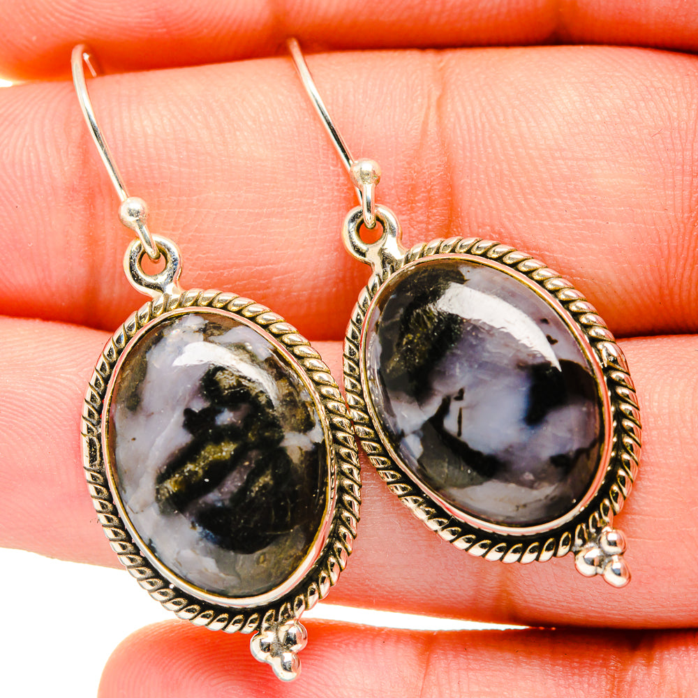 Oval gabbro stone drop earrings, 925 sterling silver, black and gray marbled cabochons
