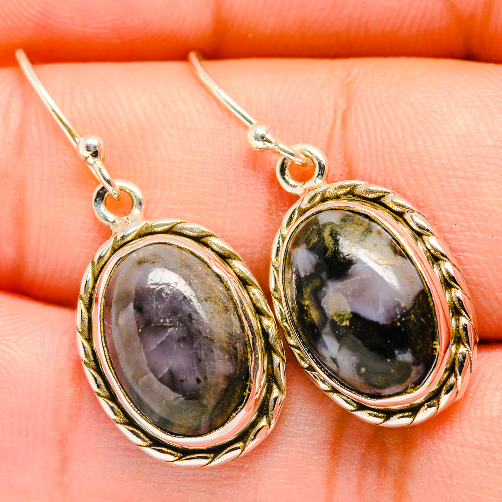 Gabbro stone drop earrings, 925 sterling silver, oval dark stone in gold bezel