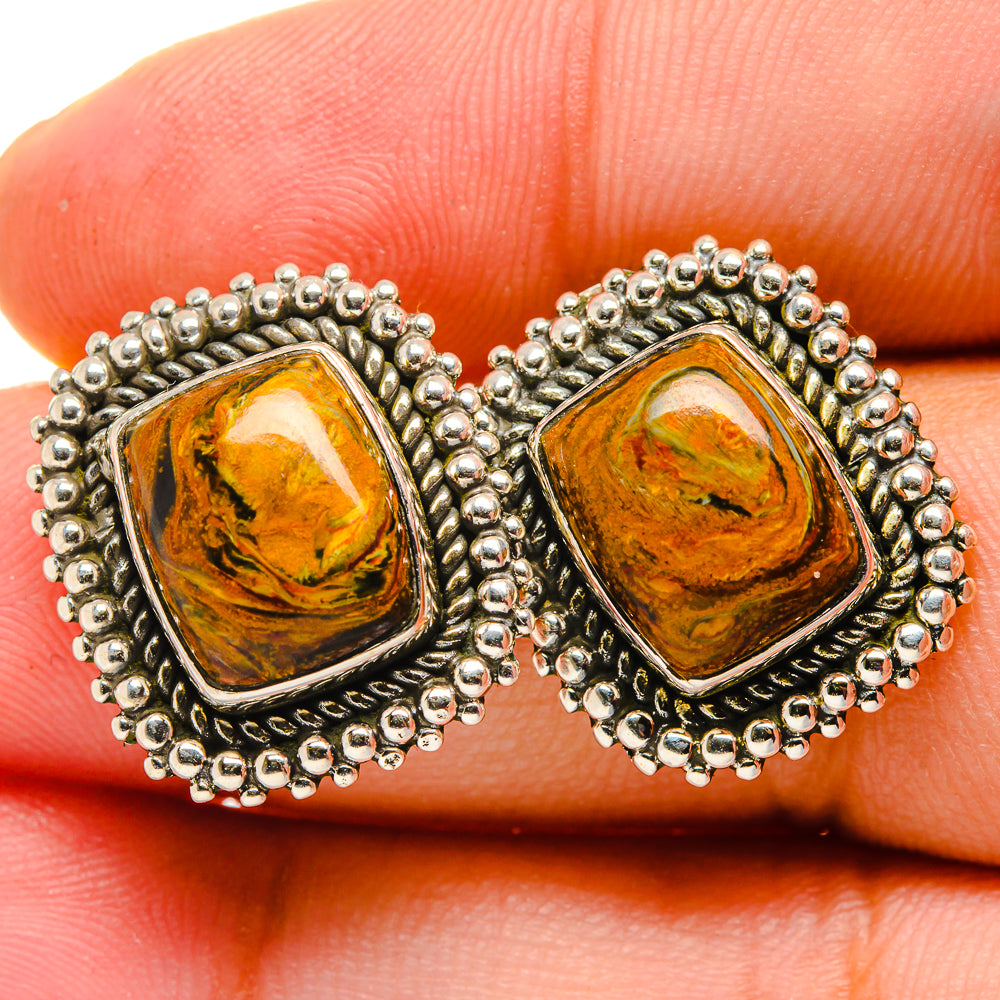 Pietersite earrings in 925 sterling silver, square amber-orange stones with beaded halo