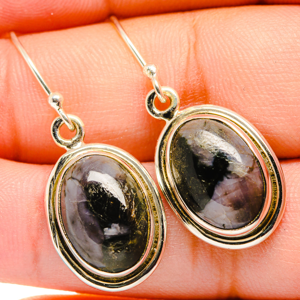 Oval gabbro stone drop earrings, 925 sterling silver frame, curved hook