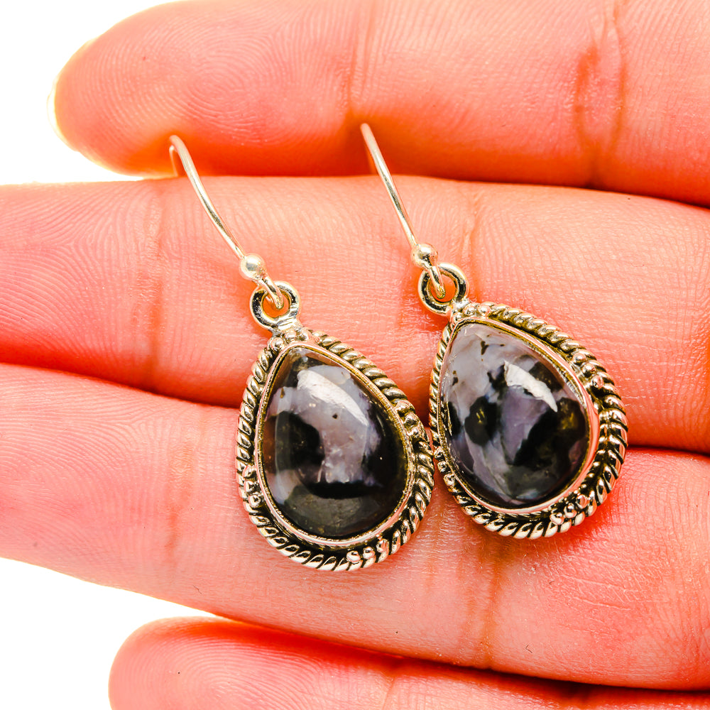 Gabbro stone drop earrings in teardrop gold-tone setting, with sterling hooks