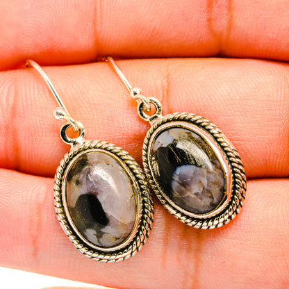 Oval gabbro stone earrings in 925 sterling silver, rope bezel, lever hooks