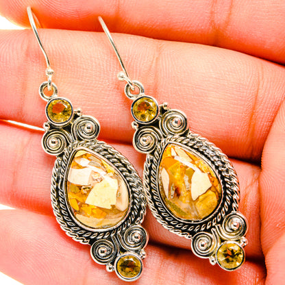 Citrine drop earrings in 925 sterling silver, ornate teardrop stone with small round cabochons