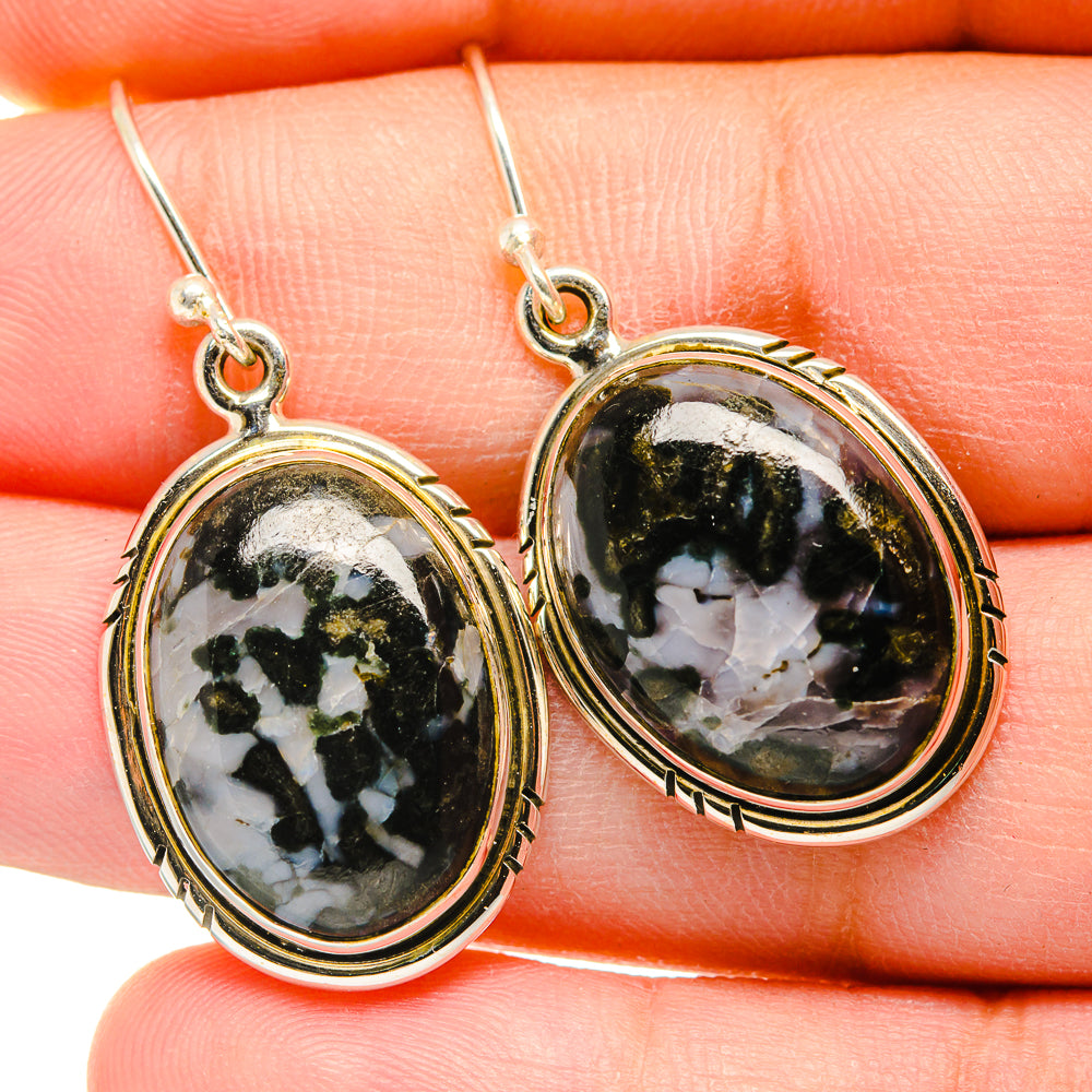 Gabbro stone oval drop earrings in 925 sterling silver with black and white bezel