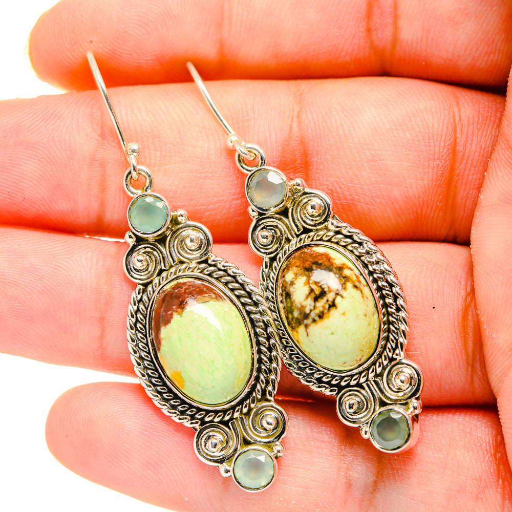 Oval green and amber gemstone drop earrings with silver filigree, small aqua accents
