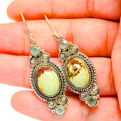 Oval green and amber gemstone drop earrings with silver filigree, small aqua accents