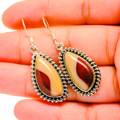 Mookaite teardrop earrings in sterling silver with red and cream stone, dangle hook
