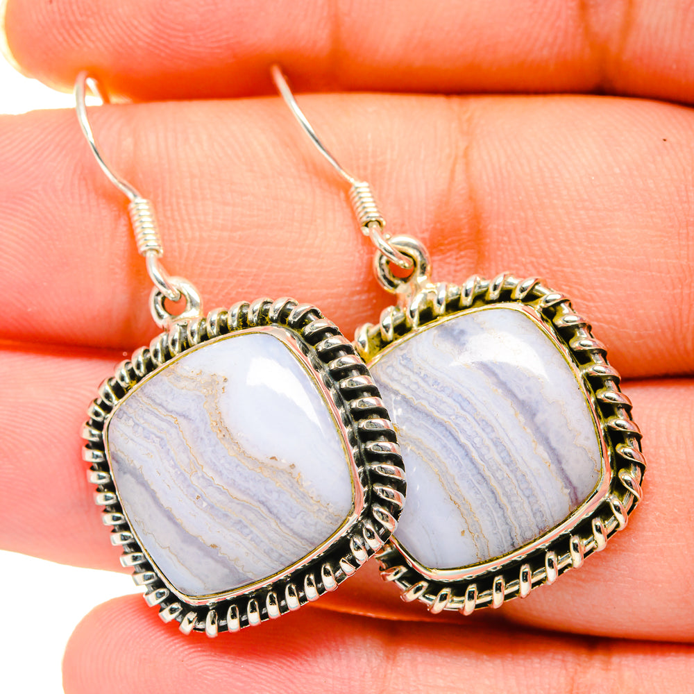 Oval blue lace agate earrings, silver beaded bezel with fishhook backs