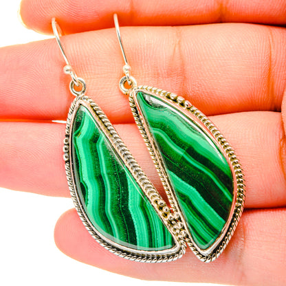 Oval malachite earrings with green striped stone drops and ornate sterling silver frames