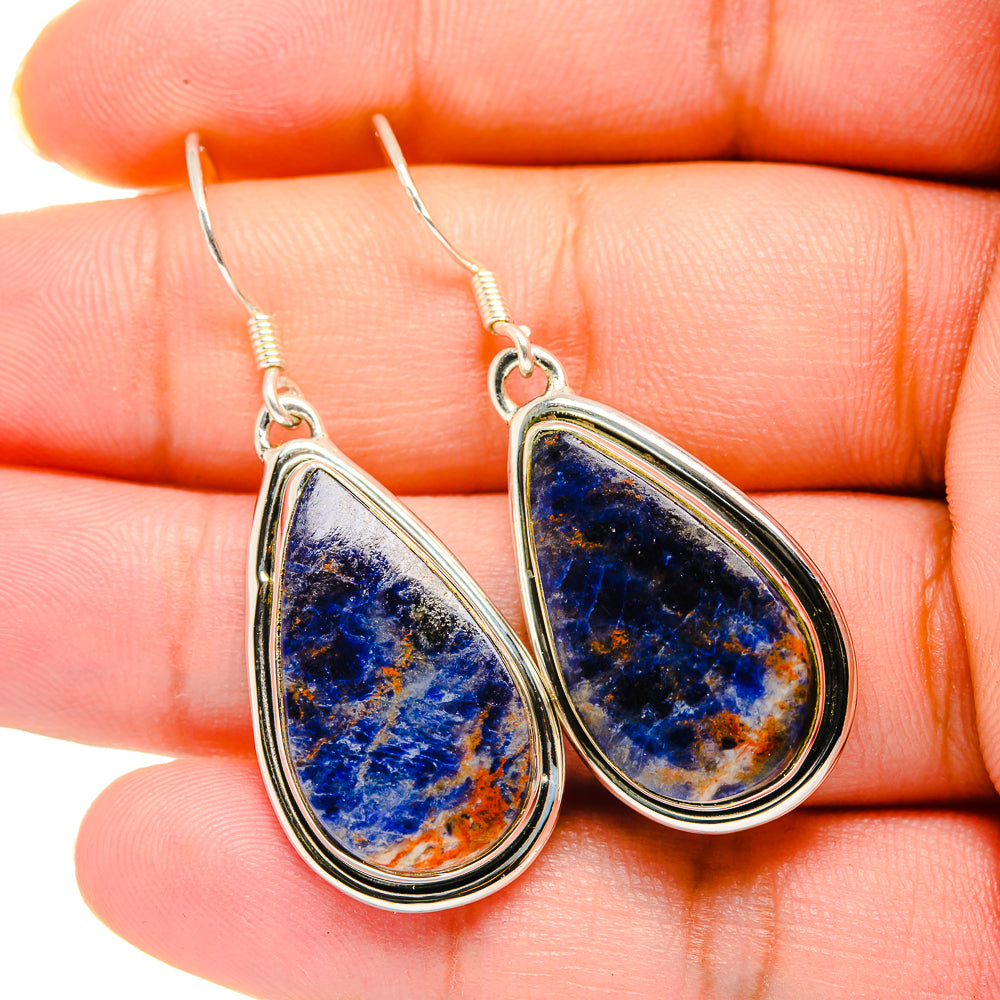 Teardrop sodalite earrings in sterling silver, blue stone with orange veining
