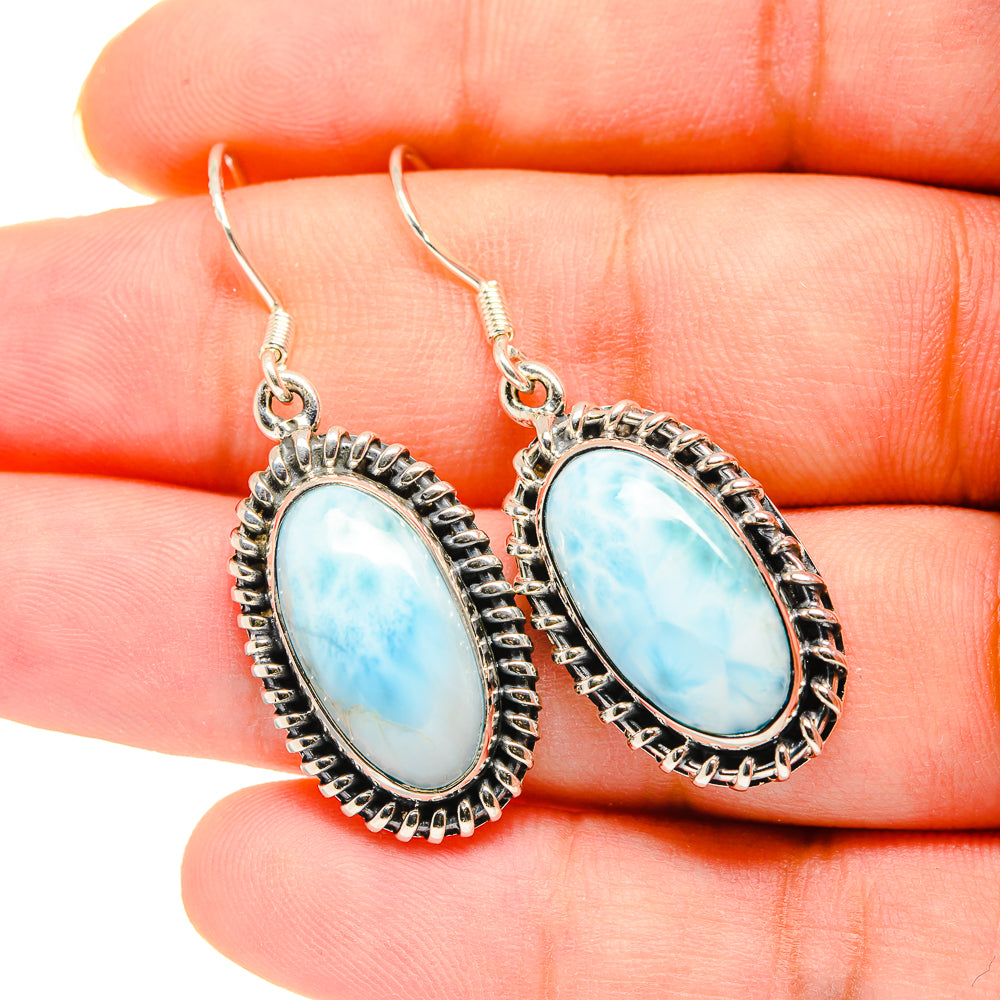 Sterling silver Larimar oval drop earrings, scalloped bezel, fishhook backs
