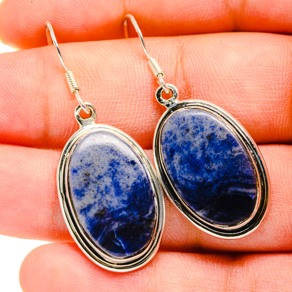 Oval blue sodalite drop earrings in sterling silver, fishhook with gold-tone bezel