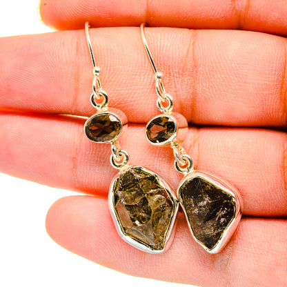 Sterling silver dangle earrings with round smoky stones and rough heart-shaped drops